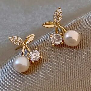 NWOT - Elegant Faux Pearl and Crystal Cherry Stud Earrings